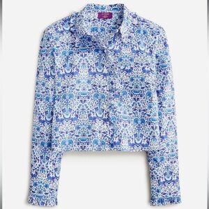 J. Crew x Liberty London Blue and White Floral Ruffle-Trim Button-Front Top